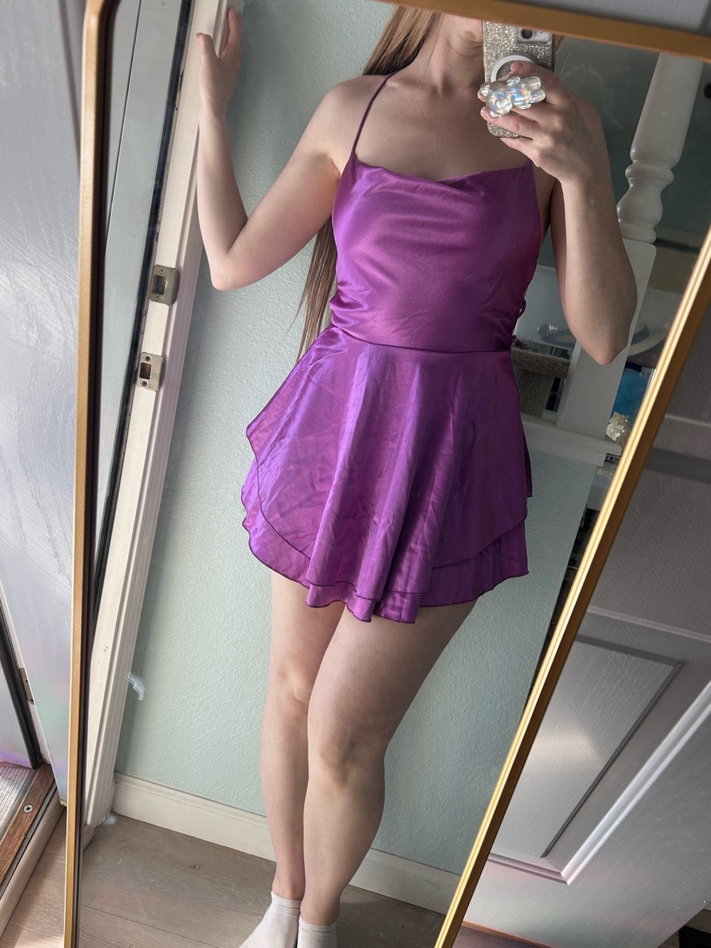 Women's Purple Satin Cowl Neck Chemise Dress